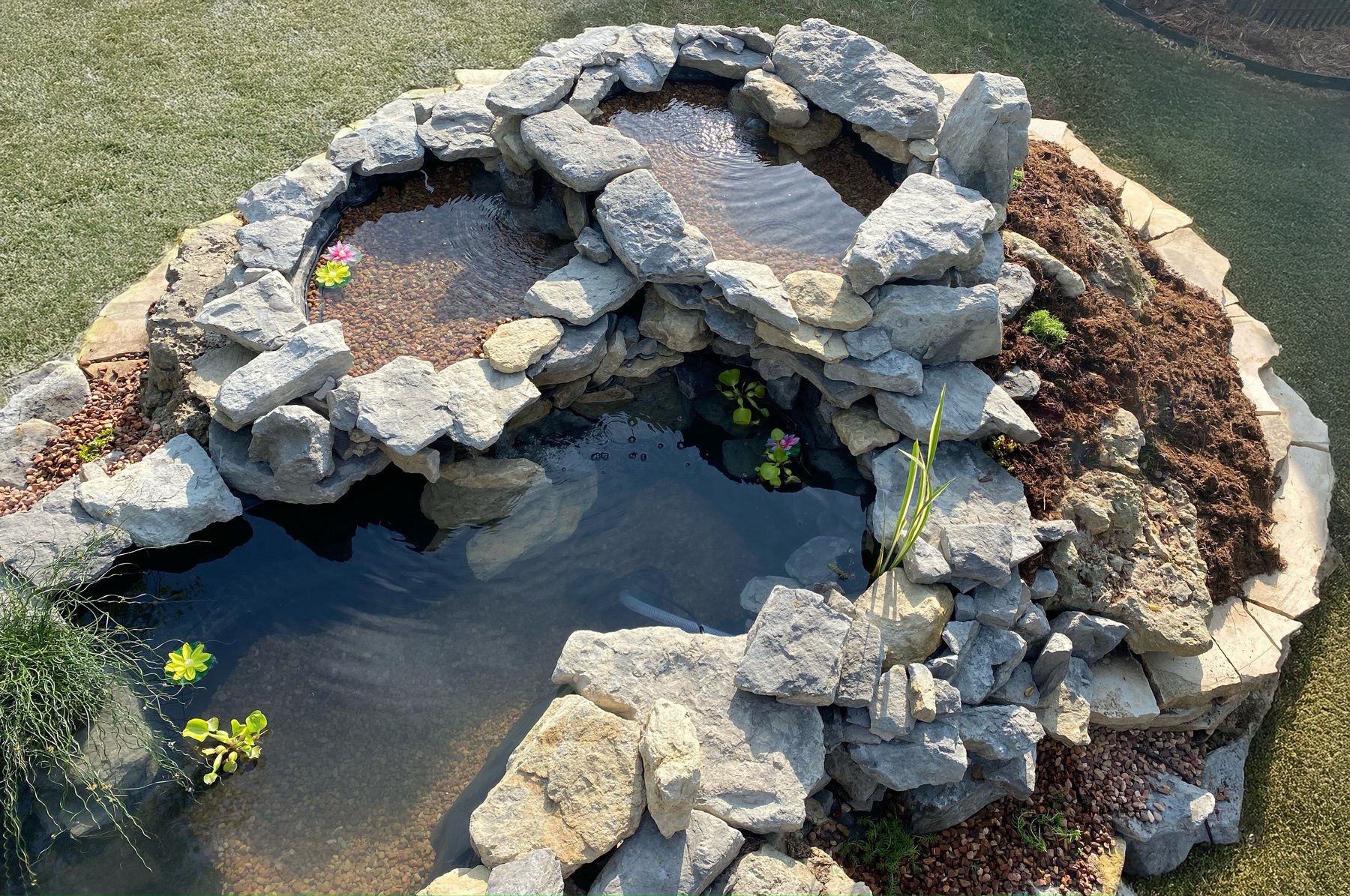 A finished backyard pond and waterfall built with Blue Ripple Gardens pre-formed liners, seen from overhead